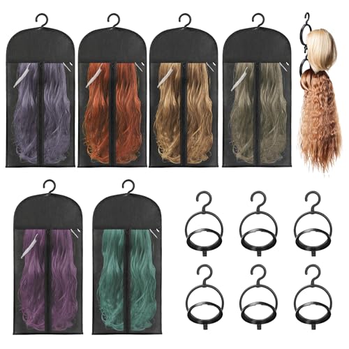 6PCS Wig Storage Bags with Hangers Dust-Proof & Foldable for Travel & Home - Black