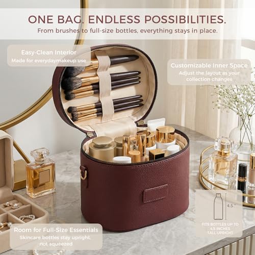 BAGOK Burgundy Leather Travel Makeup Organizer Bag with Removable Divider
