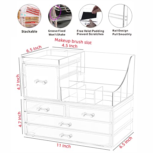 Cq Acrylic 2-Pack Clear Makeup Organizer with 5 Stackable Drawers & Top Holder