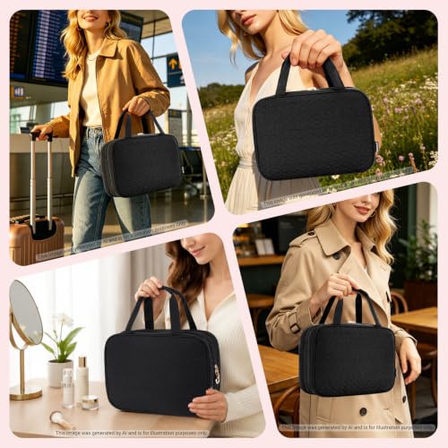 Travel Toiletry Bag with Multiple Compartments & Hanging Hook - Black