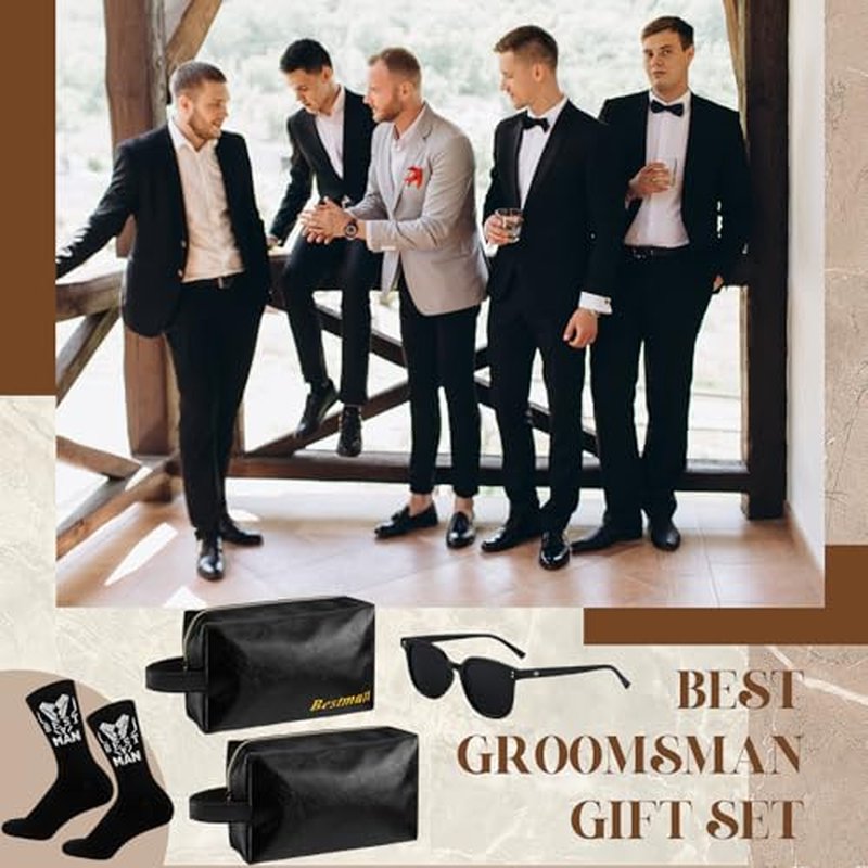 18 Pcs Groomsmen Gifts Set of 6, Groomsman Proposal Gift Includes 6 Leather Toiletry Bags 6 Sunglasses and 6 Pairs of Socks for Wedding Man Gift Bachelor Party Favors