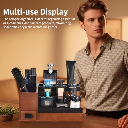 Perfume Stand Organizer for Men with 3 Tiers, Walnut & Black Finish, 1 Drawer