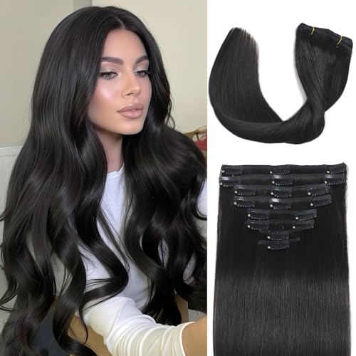 Clip in Hair Extensions - 14 Inch Natural Black Real Human Hair - Variation #1B