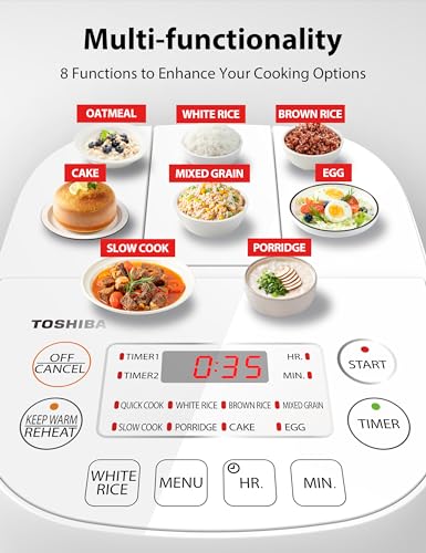 Toshiba Mini Rice Cooker 3 Cups Uncooked - White, Multi-Function Steamer & Warmer