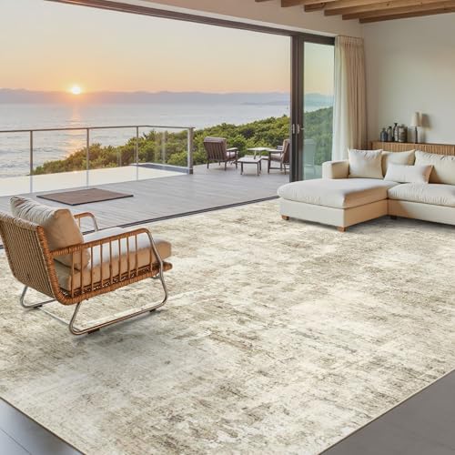 Soalmost 8x10 Beige/Gray Abstract Area Rug - Washable, Non-Slip, Low-Pile Living Room Carpet