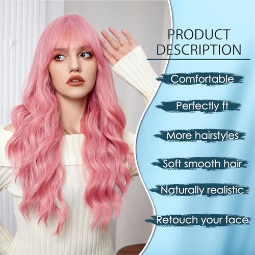 Pink Wavy Wig with Bangs - 26 Inch Long Curly Synthetic Wig for Women Girls - Variation: Pink