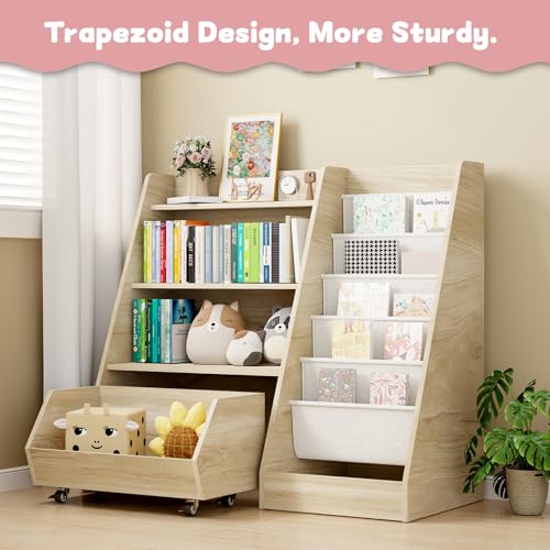 COZPAW Kids Bookshelf & Toy Storage Medium Oak 4-Tier Toddler Organizer