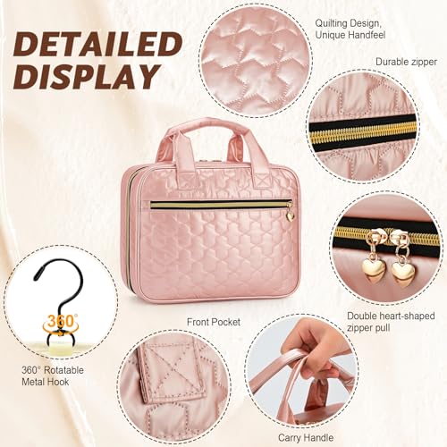 Travel Toiletry Bag, Hanging Makeup Organizer with Hook, Water-Resistant Cosmetic Bag, Fits Full-Size Shampoo & Conditioner Bottles, for Women & Men, Makeup Accessories & Brushes (Pink, Large)