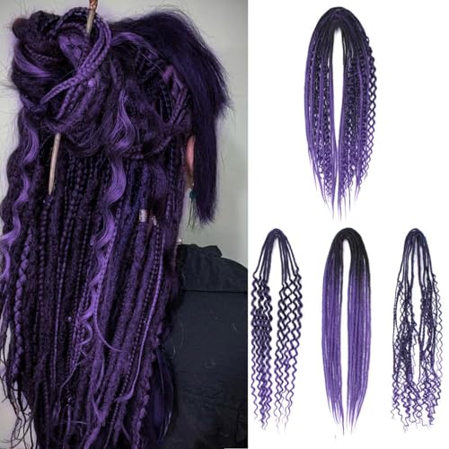 24 Inch 3-in-1 Mixed Double Dreadlock Extensions - Ombré Purple, 15 Pieces, DE-24 Inch