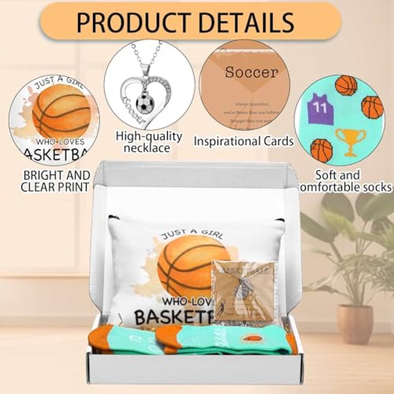 5 Pcs Basketball Gifts for Women Girl Basketball Party Favors Team Players Gift Makeup Bag Necklace Earrings Socks for Sport Birthday Athlete Reward Gifts Stuff