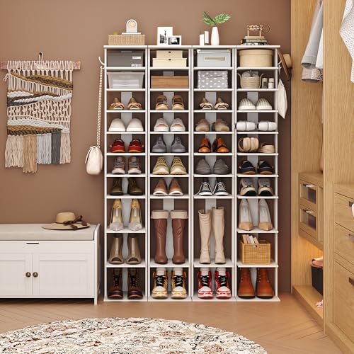 White 11.02 x 11.02 x 62.2 Inch 10-Tier Vertical Shoe Rack with Hooks