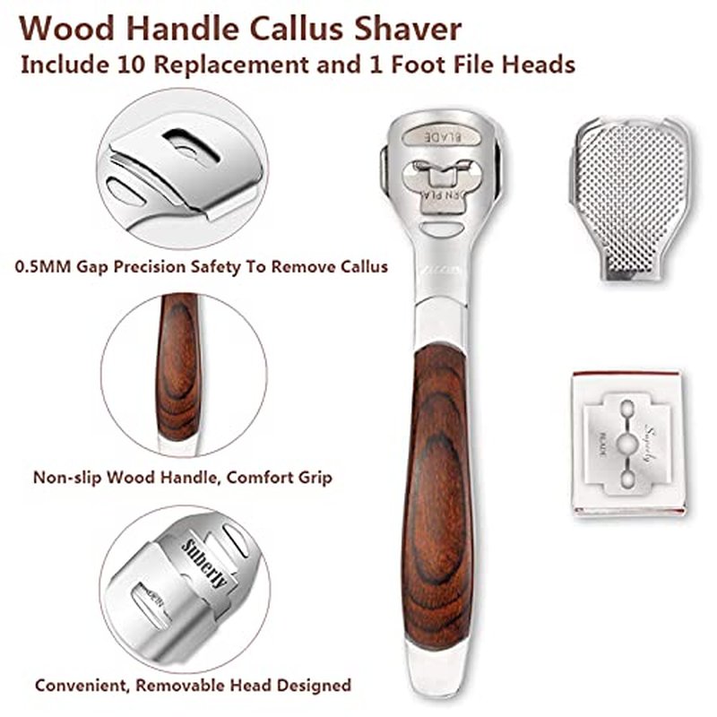 Colossal Foot Rasp & Wood Handle Callus Shaver (10 Replacement & 1 File Foot Heads), Pedicure Foot File Kit, Heel Scraper for Feet, Foot File Callus Remover