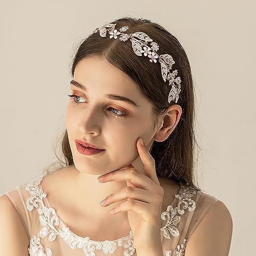 Rose Gold Wedding Headband with Flower Leaves Design Bridal Hair Vine