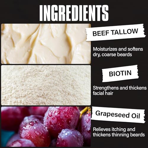 Beef Tallow Beard Balm for Men - Smoothing, Moisturizing & Softening Coarse, Dry Beards, Biotin-Infused for Fuller, Healthier Look, Fragrance-Free, 3.38 oz
