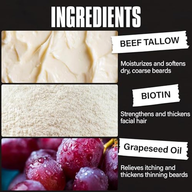 Beef Tallow Beard Balm for Men - Smoothing, Moisturizing & Softening Coarse, Dry Beards, Biotin-Infused for Fuller, Healthier Look, Fragrance-Free, 3.38 oz