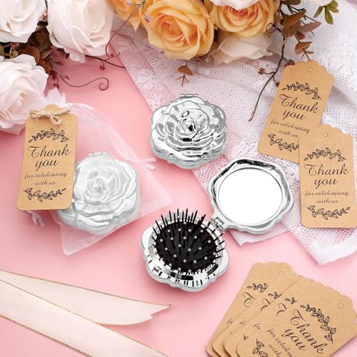 Silver Rose Compact Mirror with Brush Bulk Set - Wedding & Party Favors