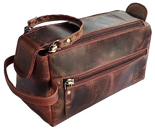 Walnut Brown Leather Toiletry Bag for Men - Travel Dopp Kit & Shaving Bag