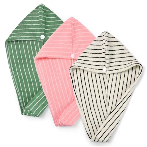 Cotton Hair Towel Wrap Set - 3 Colors / 3 Pack for Women, Fast Drying & Anti Frizz, 25x9.5 Inches - Black Pink Green