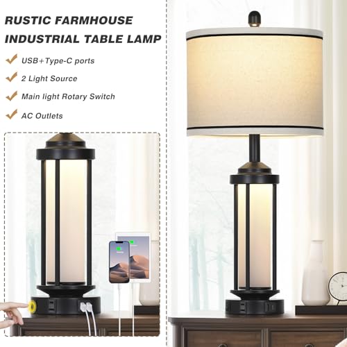 Set of 2 Black Farmhouse Rustic Industrial Table Lamps with USB+C Ports & AC Outlet - 26 Inch Bedside Lamps with LED Night Light & Linen Shade - Variation of THIS listing