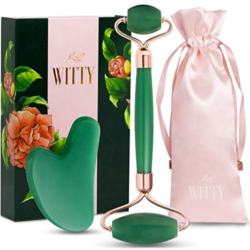 Green Jade Face Roller and Gua Sha Set - Skin Care Massage Tools with Hand-Drawn Gift Box