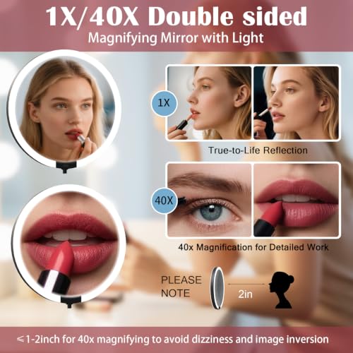 Lighted Makeup Mirror 40X Magnification Foldable Dual-Sided - Black