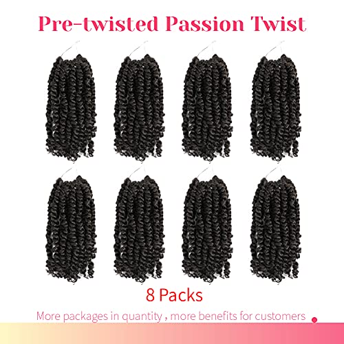 Passion Twist Crochet Hair 6 Inch for Black Women - Pre-Twisted, 1B, Pack of 8