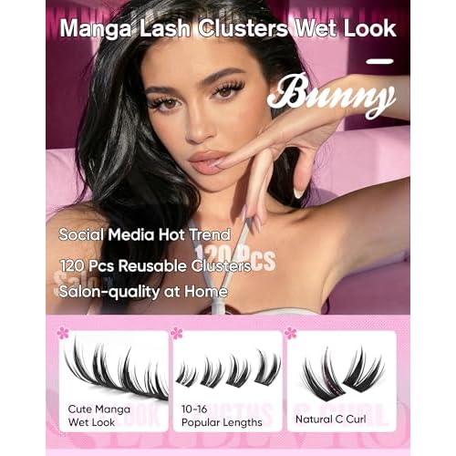 EYDEVRO Bunny Lash Clusters Manga Eyelash Clusters Wet Look Fairy Wispy Cluster Eyelash Extensions Anime Cluster Lashes 120 Pcs 10-16mm C Curl DIY Lash Extensions