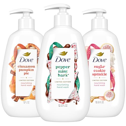 Dove Hand Soap, Holiday Treats Variety 3-Pack ? Cinnamon Pumpkin Pie, Peppermint Bark & Sugar Cookie Sprinkle, Gifts for Women, 12 Fl Oz Ea