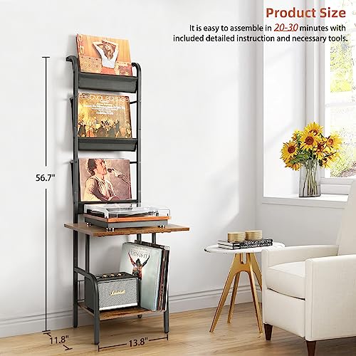 Record Player Stand with Vinyl Storage - Black & Brown, Holds Up to 200 Albums