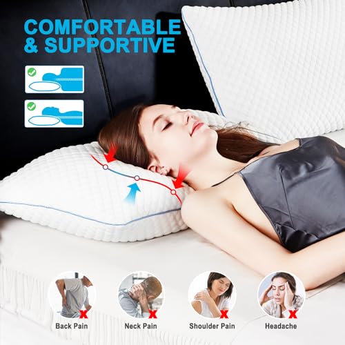 King Size Shredded Memory Foam Bed Pillows Set of 4 - Adjustable Support, Cooling Cover