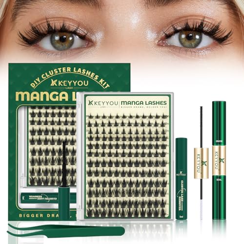 KEYYOU LASH California Sunset Manga Lash Clusters Kit 8-18mm Eyelash Clusters Kit DIY Lash Extension Natural Fairy Cluster Lashes with Lash Bond Seal Remover Applicator Soft Thin Band (Upgraded MG01)