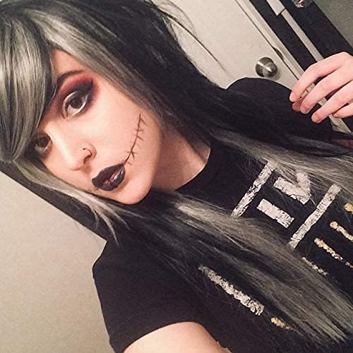Silky Straight Long Red Black Wig with Side Bangs - Heat Resistant Synthetic Hair for Halloween