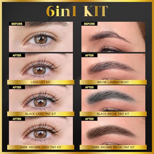 6 IN 1 Lash Lift & Brow Lamination Kit with Black Dark Brown, Home Lash Lift Kit, Quick Lash Curled Brow Perming with All Tools, Safe and Effective Result, Lasts for 6-8 Weeks, Christmas Gift for Her