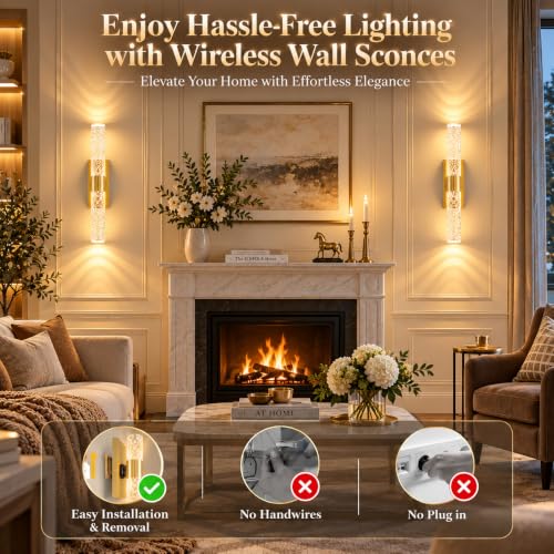 15 Inch Rechargeable Battery Wall Sconces Set of Two - Gold Finish, Dimmable, Color Changing, Wireless, 10000mAh