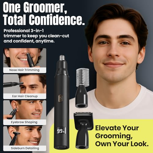 3-in-1 Nose Hair Trimmer for Men & Women ? Electric Ear and Nose Hair Trimmer, Eyebrow Trimmer, USB-C Rechargeable Facial Hair Removal Device, Stainless Steel Blades, Digital LED Display