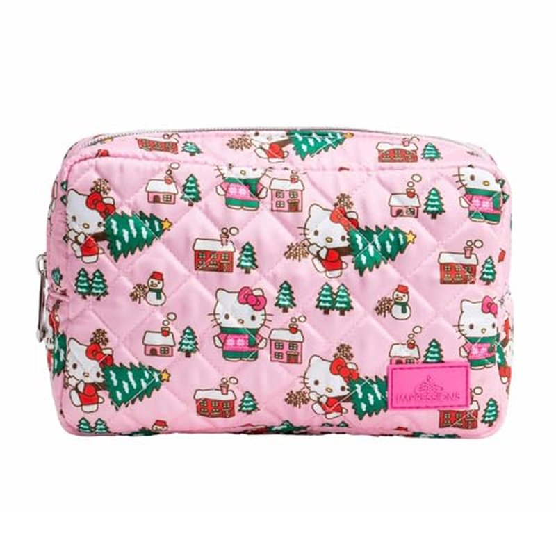 Impressions Vanity Hello Kitty Cozy Cosmetic Pouch for Women, Travel Makeup Bag Organizer Diamond Quilted Exterior with Slip Pocket and Zipper Pocket Silver Hardware, Holiday Artwork Polyester