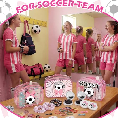 Pink Bow Soccer Gifts Set for Girls – Makeup Bag, Hair Scrunchies & Folding Brush – Sports Party Favors