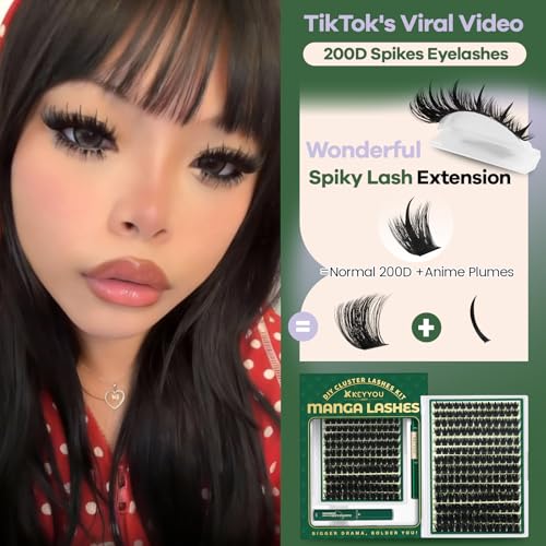 KEYYOU Manga Lash Clusters Kit StarrlNight 200D Wet Lash Look Anime Lash Clusters with Clusters Lash Glue 12-20mm Wispy Fairy Fluffy Individual Lashes Kit for Cosplay Daily Makeup DIY at Home