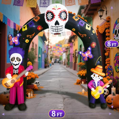 Large Halloween Inflatable Archway with LED Lights - Day of the Dead Sugar Skull & Skeleton Decor