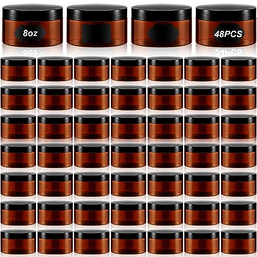 Uiifan 48 Pack 8 oz Plastic Jars with Lids & Labels, Empty Leak Proof Body Scrub Containers, Refillable Body Butter Containers Bulk for Cream, Powder Ointment, Lotion(Amber)