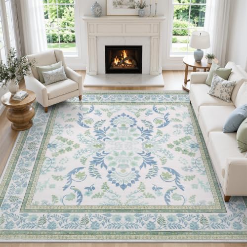 DCX 8x8 Square Washable Rug with Non-Slip Backing - Blue & Green Botanical