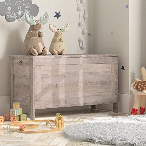 Toy Storage Chest with Safety Hinge - Retro Wooden Look, Greige, 29.9x15.7x18.9 Inches - Entryway & Toy Organizer - Supports 330 lb - Easy Assembly