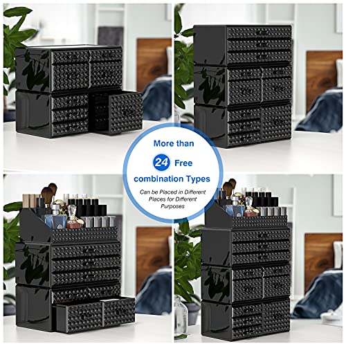 Awenia 4 Pack Stackable Makeup Organizer[Upgraded],Acrylic Cosmetics Storage Cases with 11 Drawers Perfume Organizers For Brush Holder or Jewelry Display,Plus Size(Black)