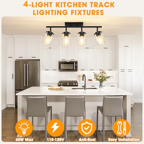 FadimiKoo 4-Lights Black Semi-Flush Track Light with Clear Glass Shades (Black) - Rotatable Heads
