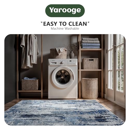 Ocean Blue 8x10 Abstract Modern Washable Rug - Non-Slip Low Pile Living Room Carpet