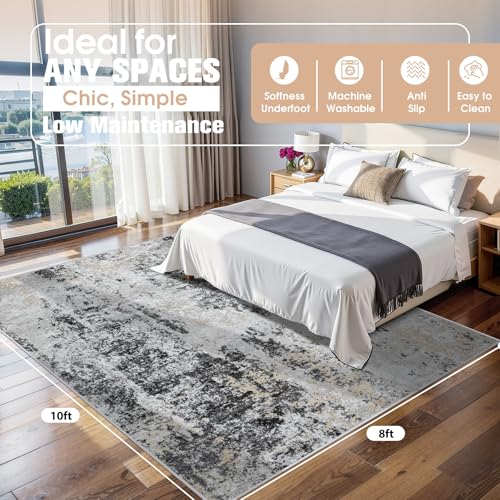 Black Grey and Gold 8x10 Washable Area Rug for Living Room and Bedroom - Non-Slip, Durable, Abstract Design