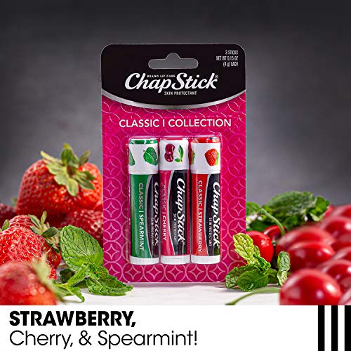 ChapStick Lip Moisturizer, Classic Flavors Variety 3-Packs (12 Sets/36 Tubes) - Bulk Lip Balm, Cherry, Strawberry, and Spearmint, 0.15 Oz Ea