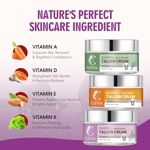 100% Grass-Fed Whipped Tallow Cream - 4 OZ Anti-Wrinkle Face+Body Balm ? Organic Beef Tallow with Jojoba Oil ? Deep Hydration for Dry, Sensitive & Irritated Skin | Herb-Infused Unscented