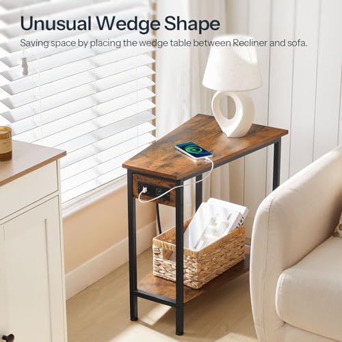 Wedge End Table with Charging Station - Rustic Brown & Black, Industrial Style