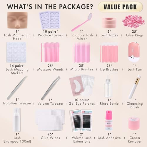 Lash Extension Practice Kit, Eyelash Extension Training Kit for Beginners, Professional Eyelash Mannequin Head Set with Lash Fan, Lash Shampoo, Lash Adhesive, Glue Rings and Lash Mirror